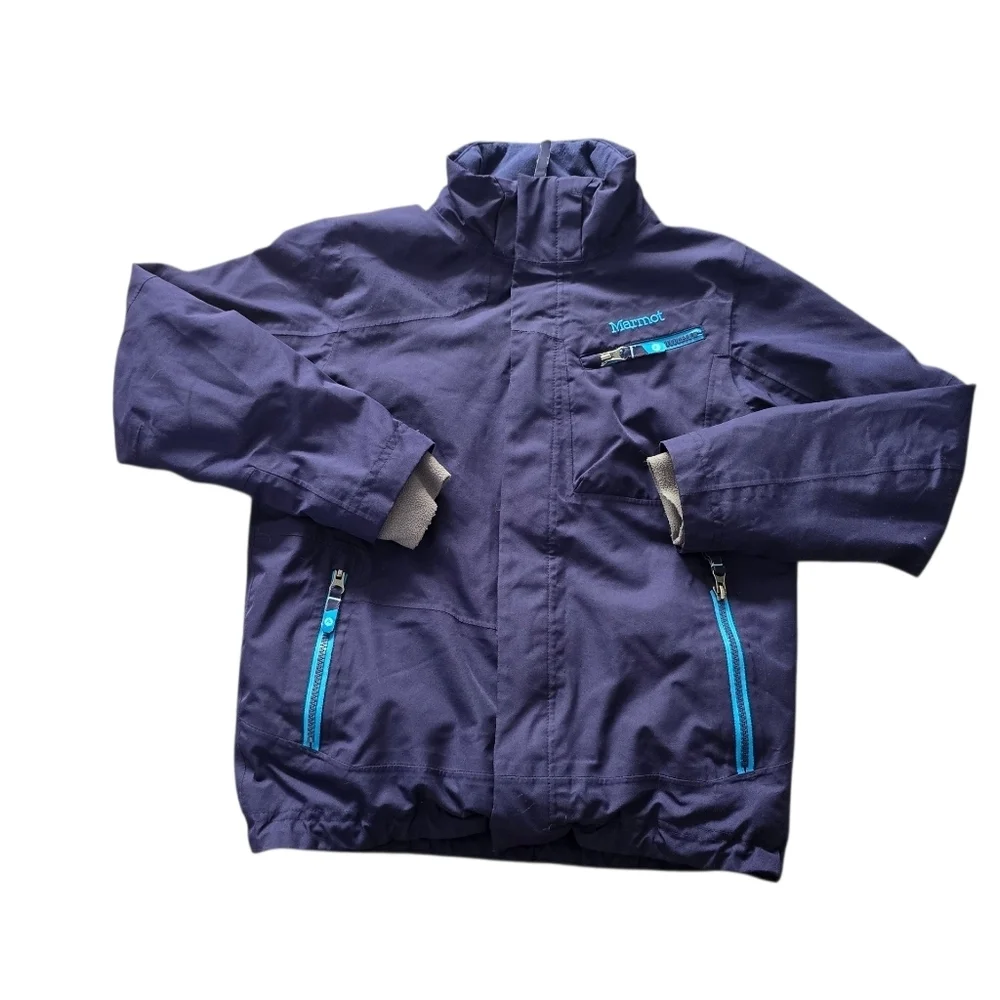 Marmot Kids Dark Blue Puffer Ski Jacket with Teal Zippers Large